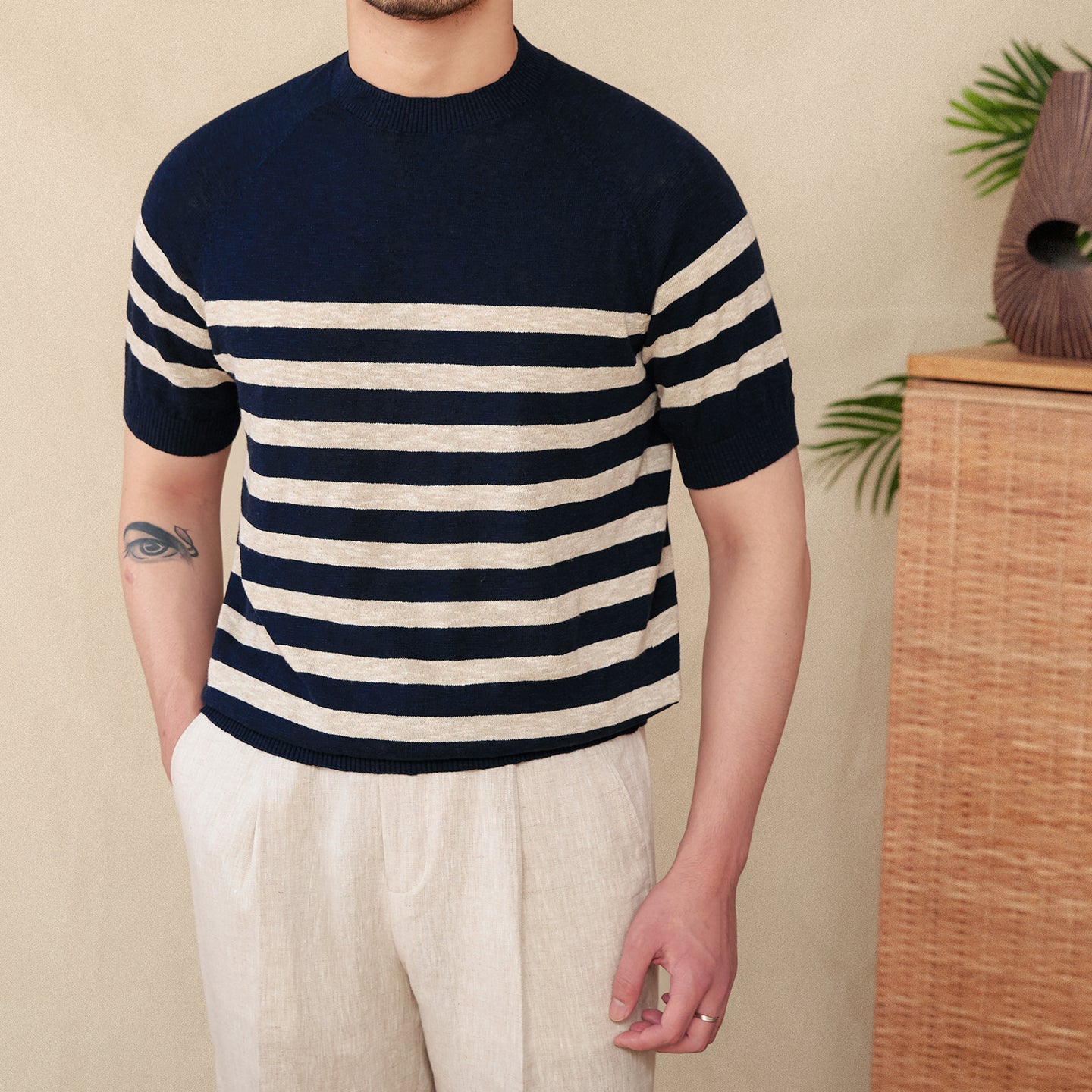Playera de Punto a Rayas de Lino y Algodón Cuello Redondo para Hombre