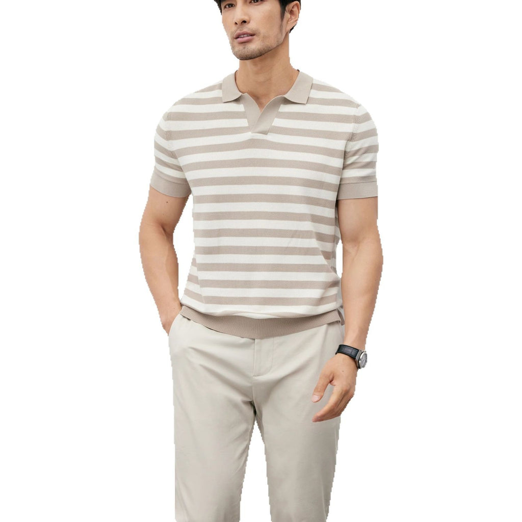 Herren-Slim-Fit-Strick-T-Shirt mit V-Ausschnitt und Eisseiden-Revers