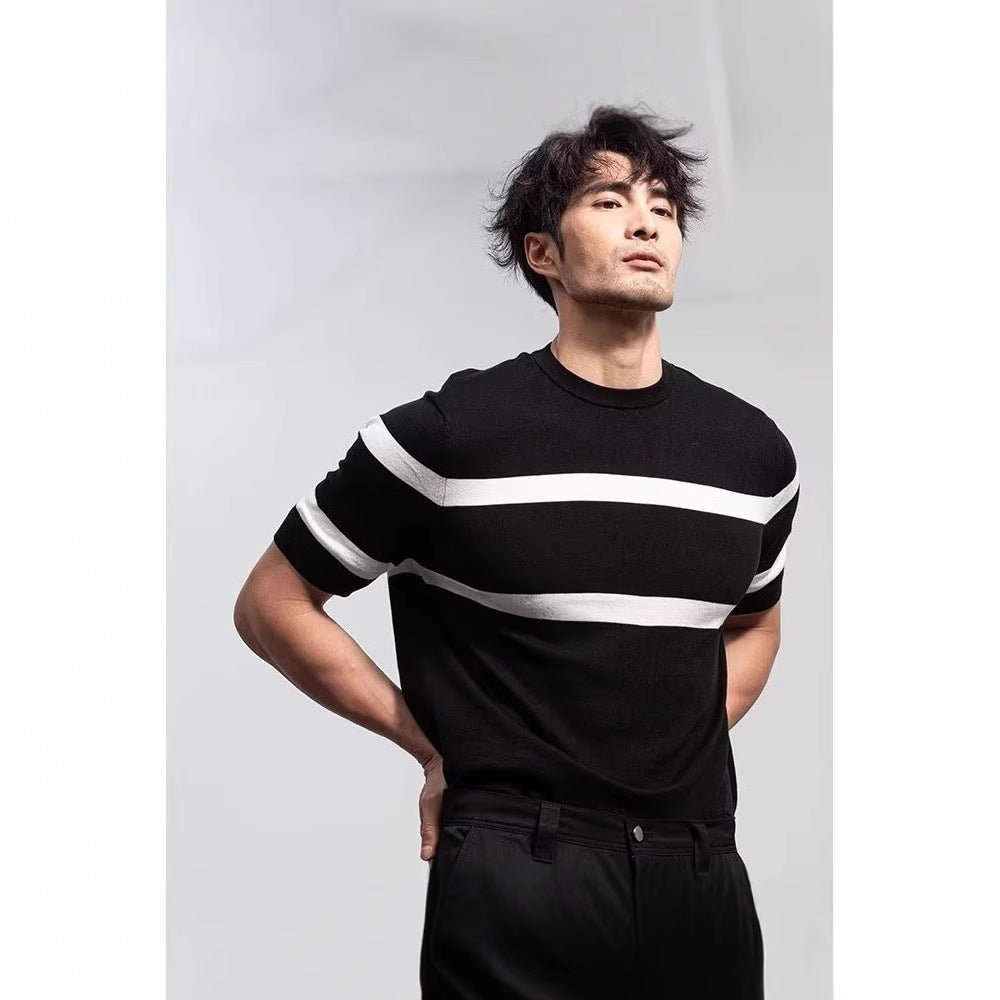 Top Retro de Punto con Cuello Redondo y Seda de Hielo Manga Corta para Hombre
