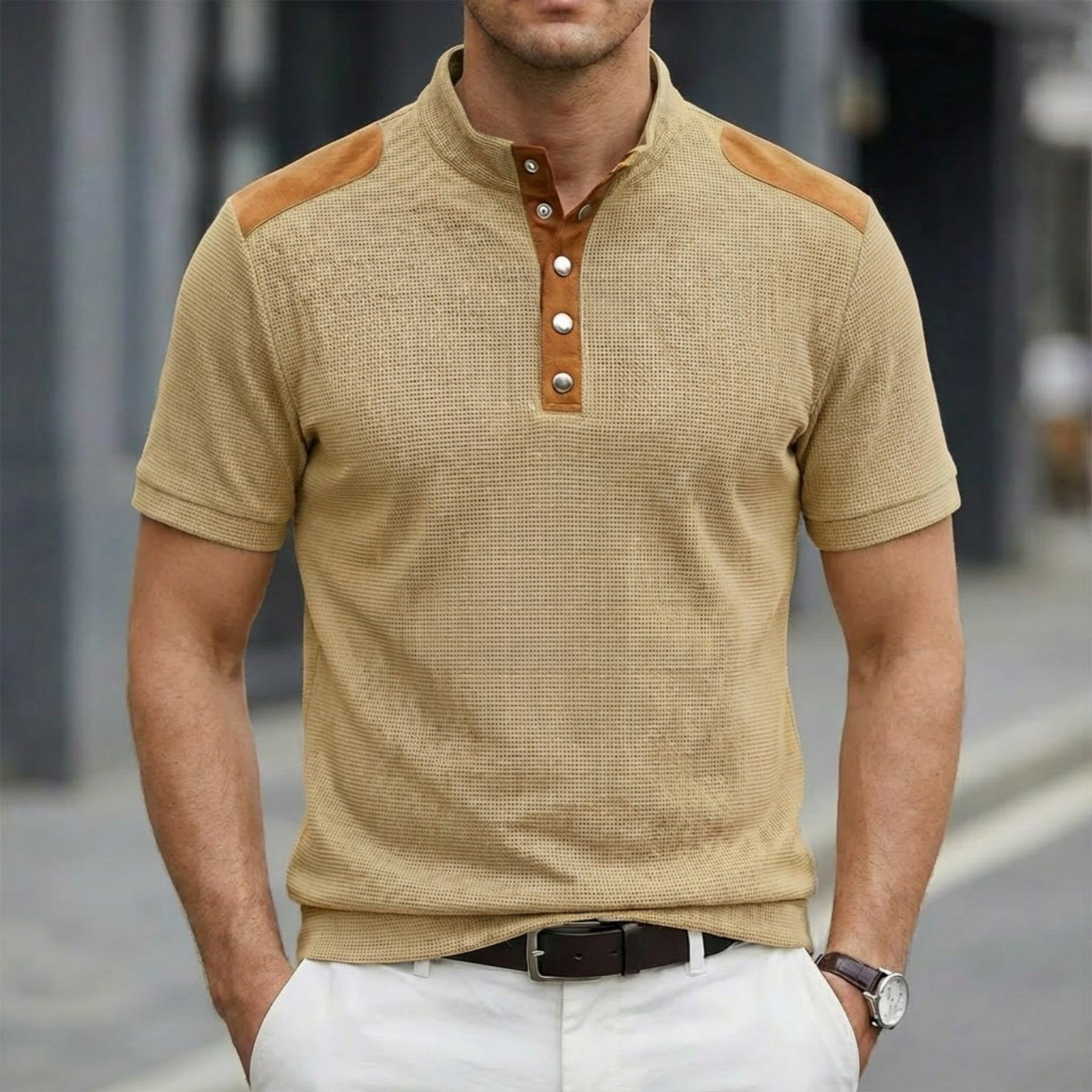 Playera Casual de Manga Corta con Botones y Cuello Mao para Hombre