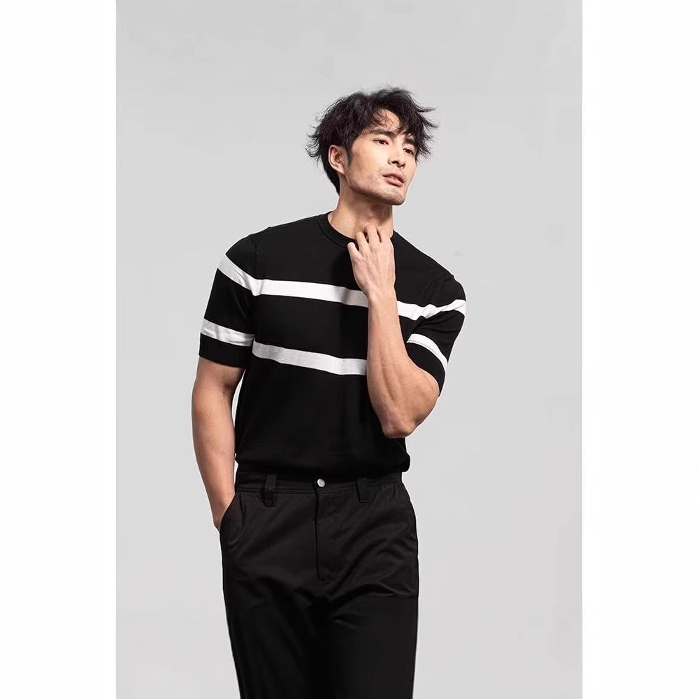 Top Retro de Punto con Cuello Redondo y Seda de Hielo Manga Corta para Hombre
