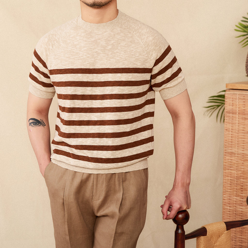 Gestreiftes Rundhals-T-Shirt für Herren aus Leinen-Baumwoll-Mischung