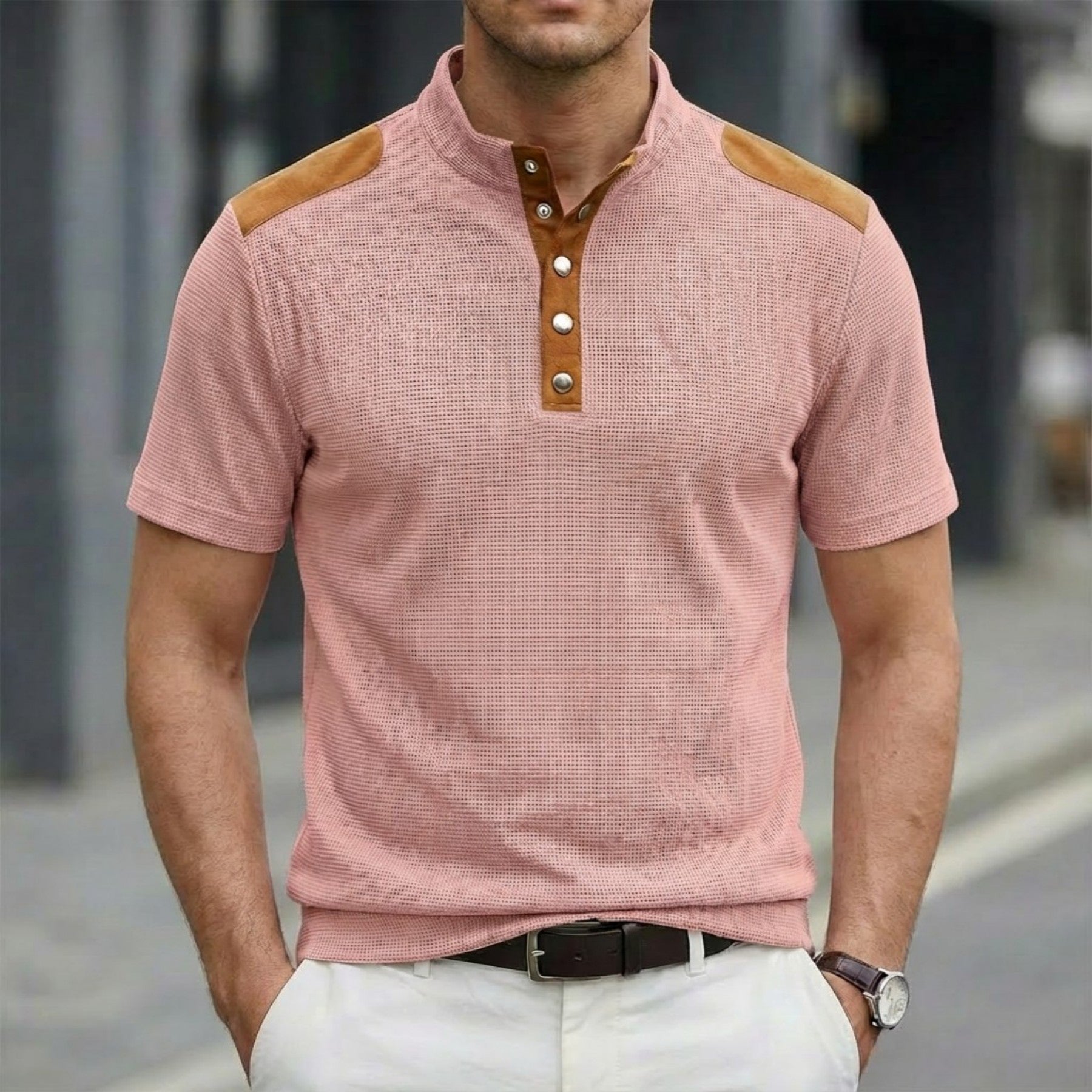 Playera Casual de Manga Corta con Botones y Cuello Mao para Hombre