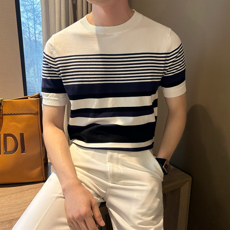 Top de Punto de Verano con Cuello Redondo y Rayas para Hombre