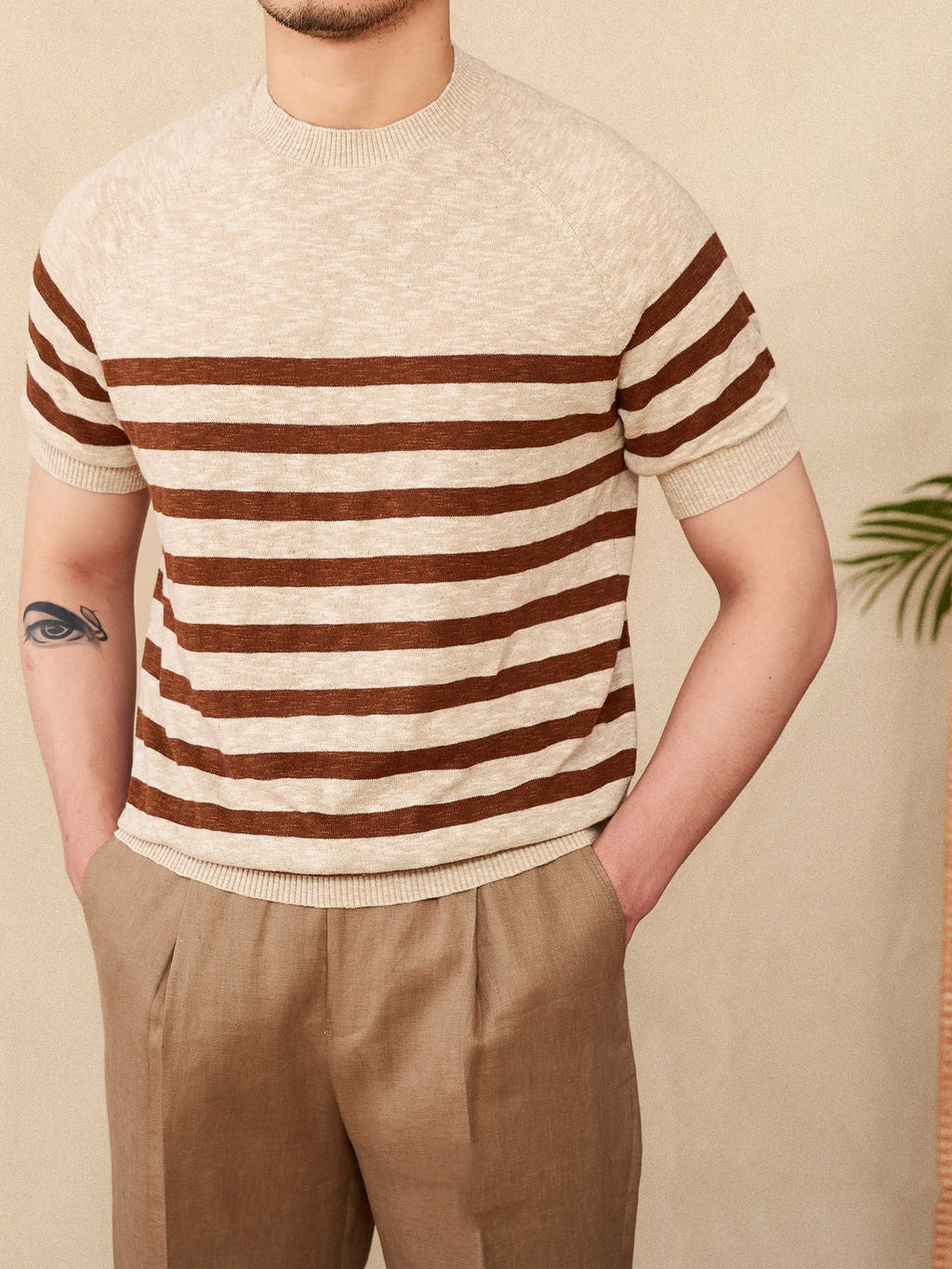 Gestreiftes Rundhals-T-Shirt für Herren aus Leinen-Baumwoll-Mischung