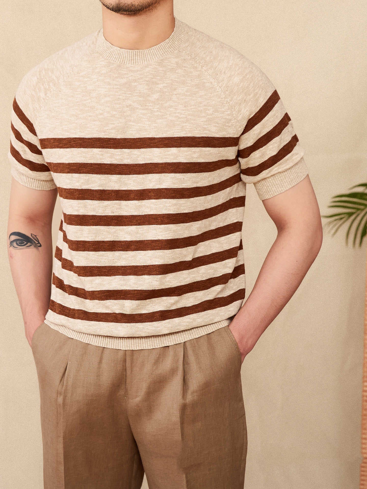 Playera de Punto a Rayas de Lino y Algodón Cuello Redondo para Hombre