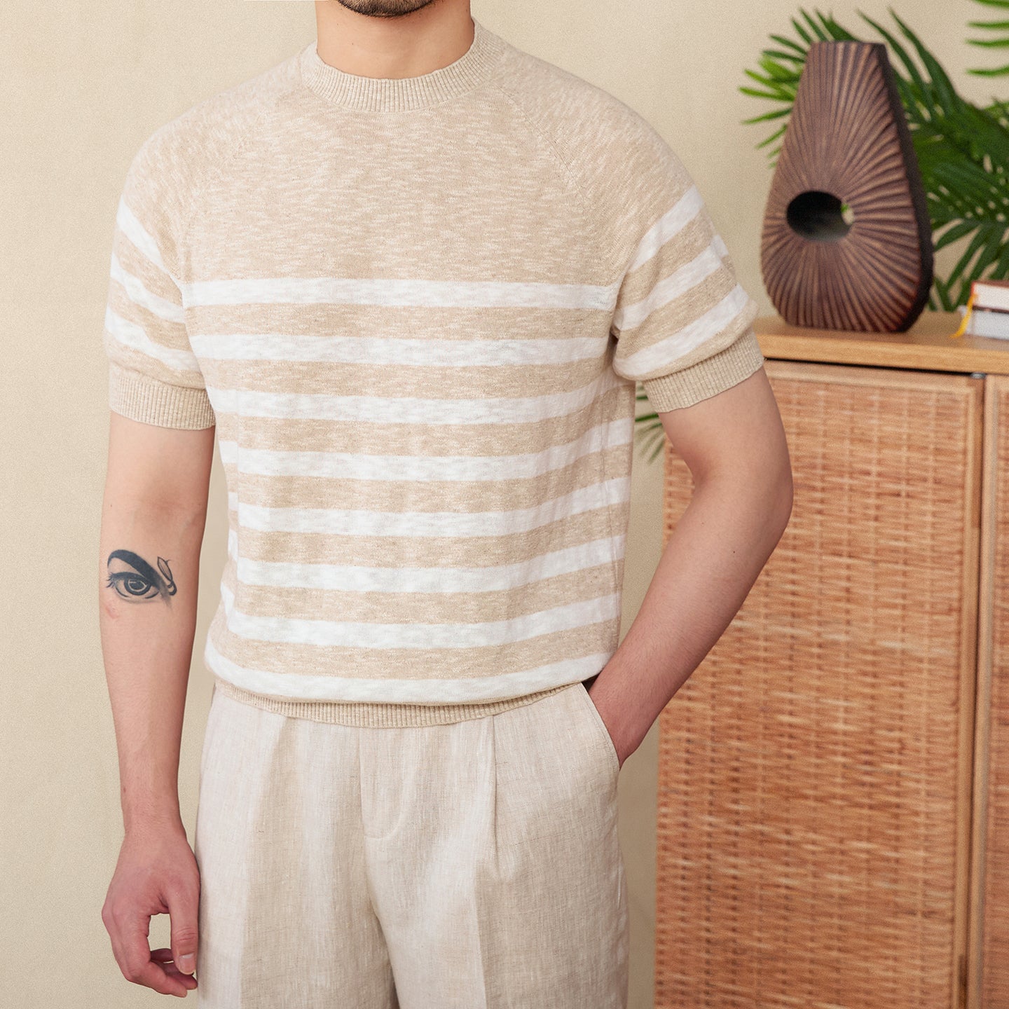 Playera de Punto a Rayas de Lino y Algodón Cuello Redondo para Hombre