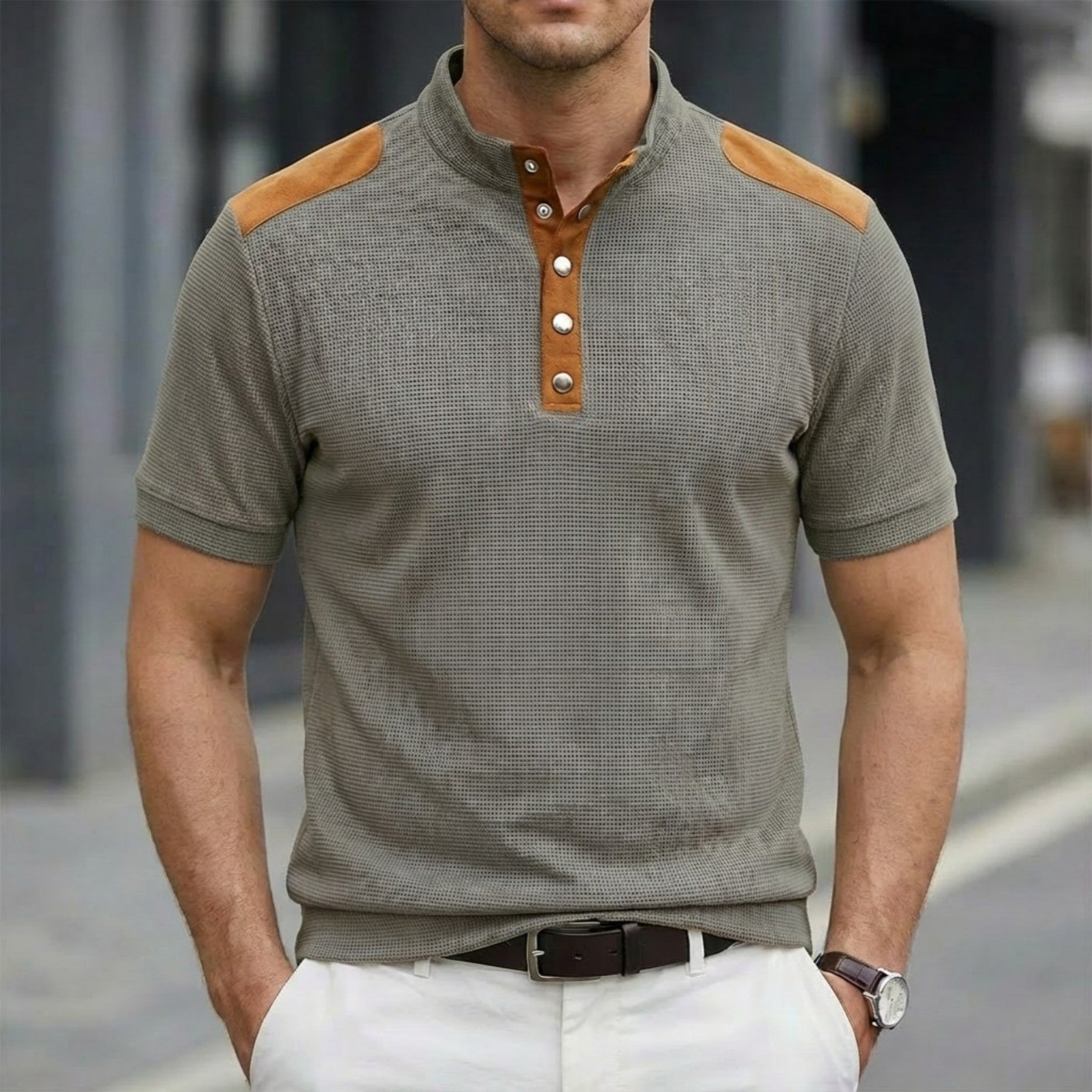 Playera Casual de Manga Corta con Botones y Cuello Mao para Hombre