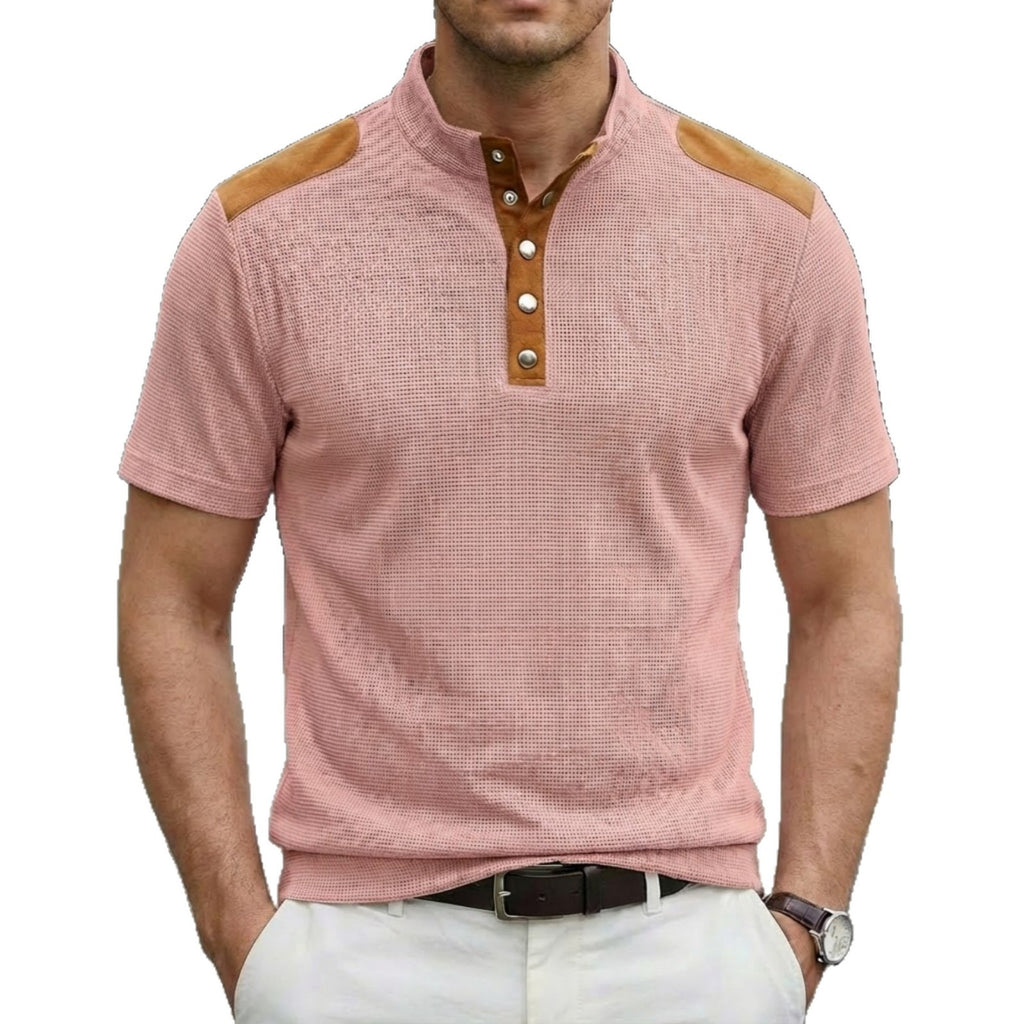 Playera Casual de Manga Corta con Botones y Cuello Mao para Hombre
