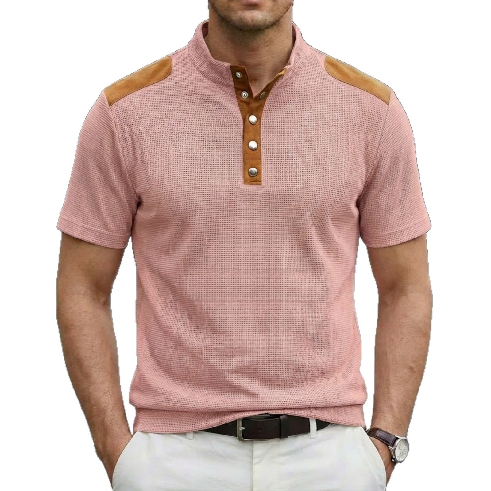 Playera Casual de Manga Corta con Botones y Cuello Mao para Hombre