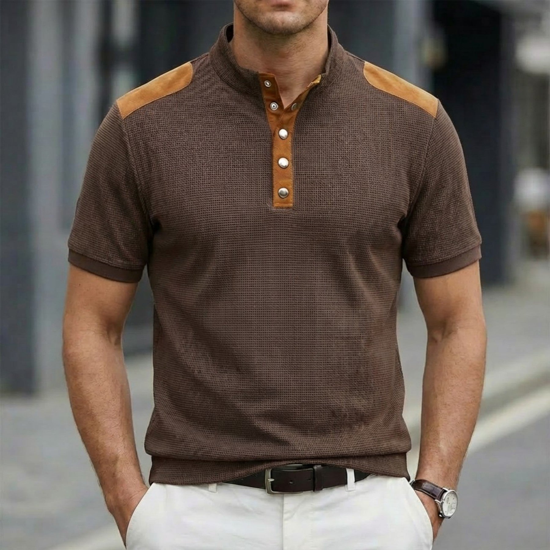 Playera Casual de Manga Corta con Botones y Cuello Mao para Hombre