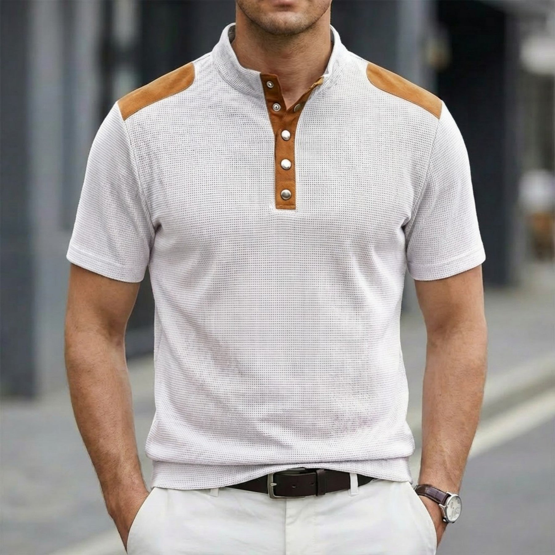 Playera Casual de Manga Corta con Botones y Cuello Mao para Hombre